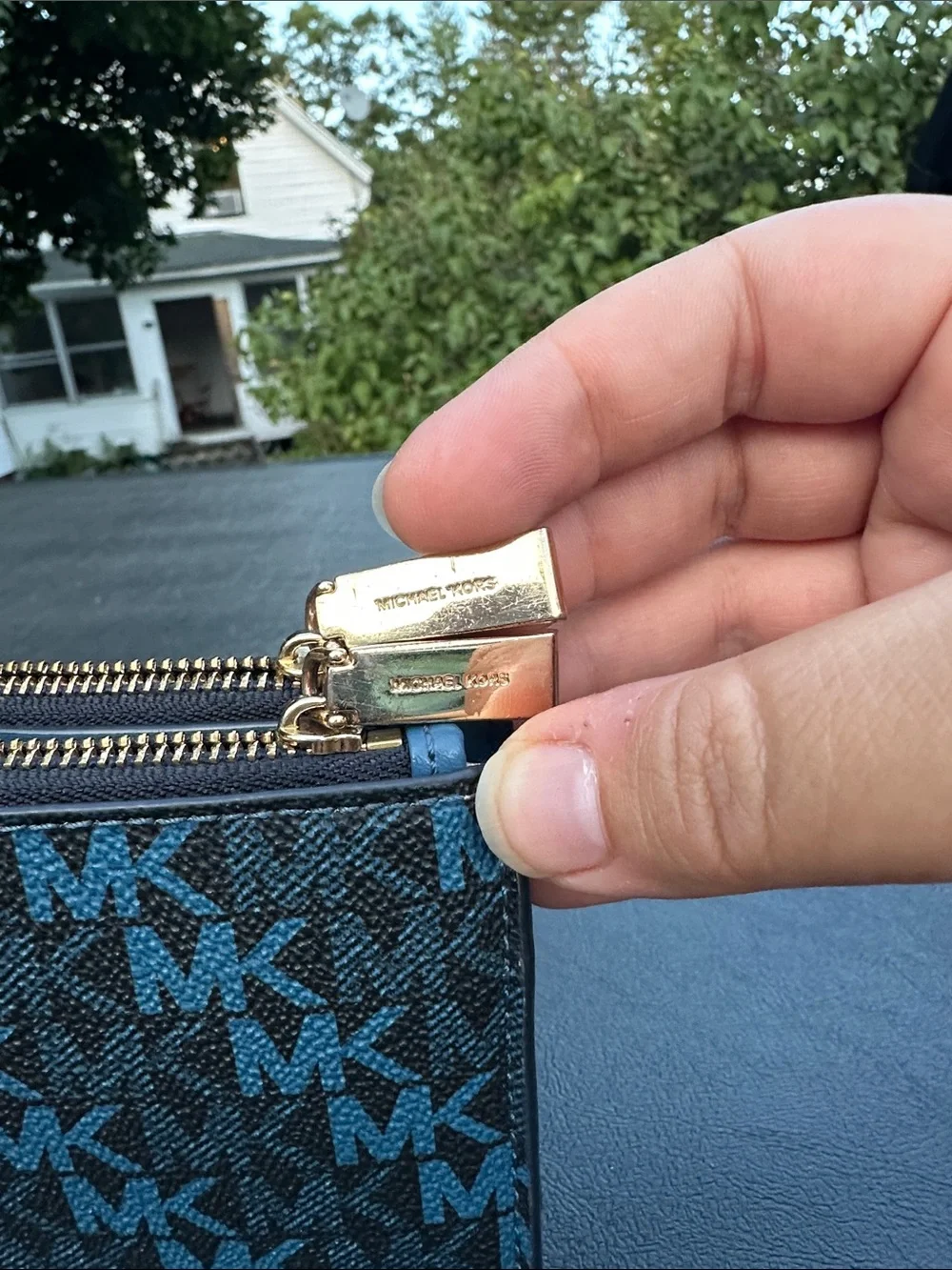 Michael Kors Blue MK Logo Wristlet Wallet with Gold Hardware